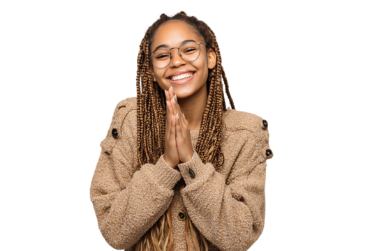 Happy woman expressing gratitude and hope. - Powered by Adobe