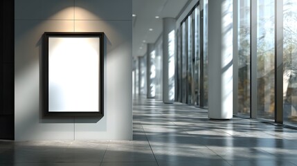 Empty poster frame in a modern, light-filled hallway with large windows.