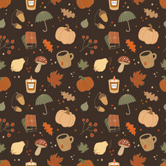 Vector seamless autumn pattern. Flat autumn elements isolated on a brown background. Umbrella, books, tea, candle, leaves, acorns, apples, pumpkins, mushrooms, berries for wrapping paper or fabric.