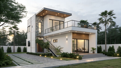 Modern two story house with a rooftop terrace and lush landscaping at dusk showcasing architectural design