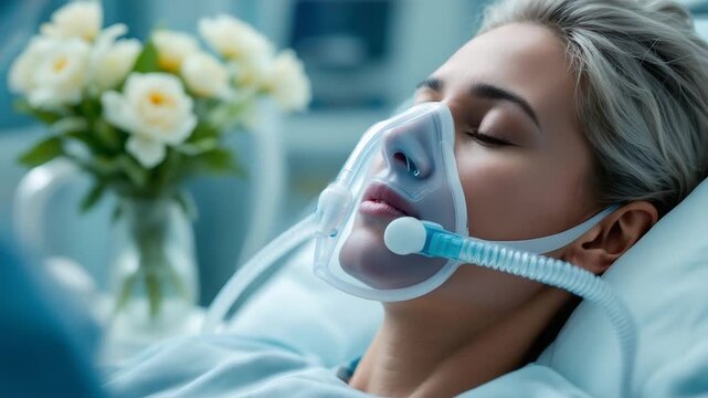 Serene Female Patient Resting Peacefully with an Oxygen Mask in an Intensive Care Unit Hospital Room.