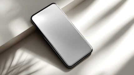 A modern smartphone rests on a neutral surface, showcasing its sleek design and clean lines.
