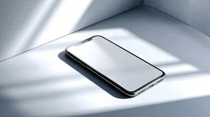A modern smartphone rests on a minimalist white surface, bathed in soft sunlight, showcasing its sleek design and clean lines.
