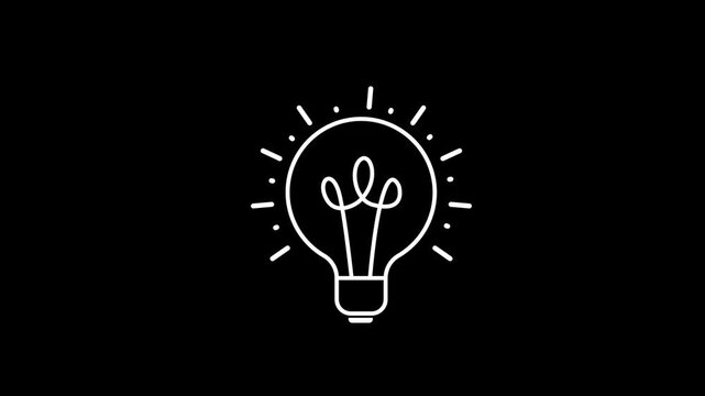 White Outline Light Bulb Icon with Rays on Black Background Keywords: light bulb, idea, innovation, creativity, inspiration, concept, symbol, icon, outline, drawing, simple, minimalist, graphic