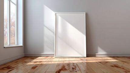 A light-filled room, featuring a large white frame showcasing a blank canvas, casts soft shadows on the light-brown wooden floor.