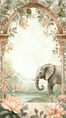 Elegant elephant artwork with vintage arch, lotus plants, and floral decor in soft pastel tones, artistic illustration for Indian wedding digital invitation card, poster or banner 