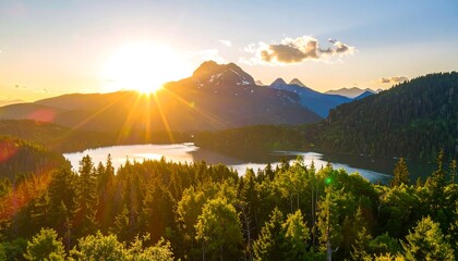 A serene mountain lake bathed in the warm glow of a golden sunset, surrounded by lush green forests.