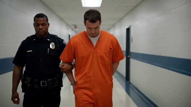 Prisoner Escorted by Police Officer - A handcuffed prisoner in an orange jumpsuit is escorted down a hallway by a police officer.