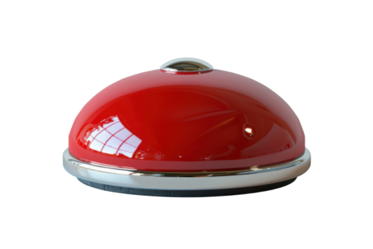 Red dome showcase presentation bell restaurant tabletop service cover chrome black background