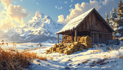 Cozy cabin surrounded by snowy landscape featuring trees and ample space for textual content