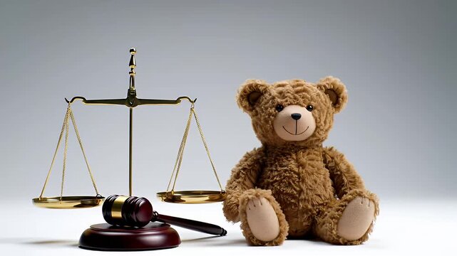 A teddy bear and a set of scales symbolizing justice