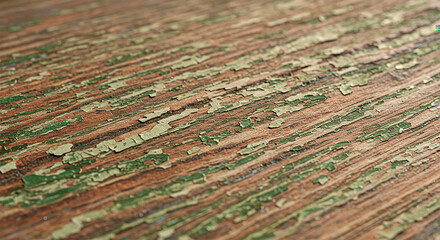 Weathered wooden surface with peeling green paint.