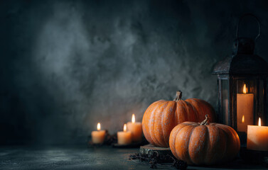 Halloween pumpkins on a table with candles and decorations in a dark room. Halloween concept background