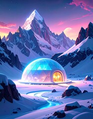 A luminous geodesic dome nestled in a serene, snow-dusted mountain landscape, bathed in ethereal colors.