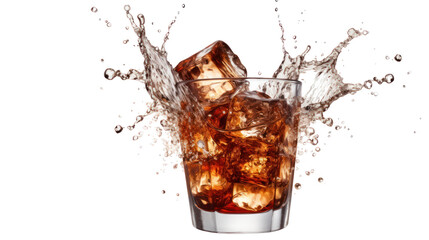 Soda splash with ice cola or soda splash with flying ice cubes on transparent background