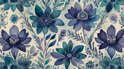 Elegant watercolor grunge pattern with blue and purple floral motifs. Hand-painted botanical elements with a textured vintage background for artistic and decorative use.