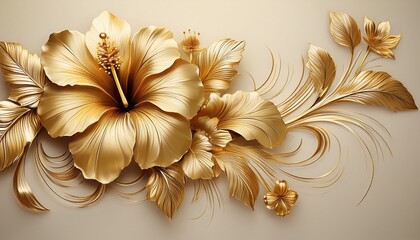 luxurious gold hibiscus floral design on a cream background
