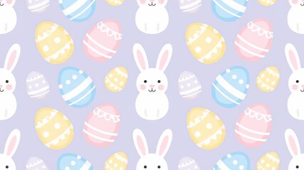 Pastel Easter Bunny and Egg Pattern - Seamless pattern featuring adorable pastel-colored Easter eggs and white bunnies on a light purple background. Perfect for spring and Easter-themed projects. - Powered by Adobe