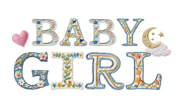 Baby girl word png embroidery font, transparent background