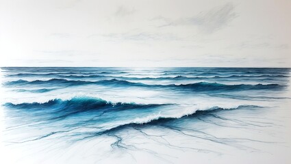 Fototapeta premium a serene watercolor of the ocean, waves crashing gently with subtle hues of blue and grey. The artwork evokes a sense of calm and tranquility