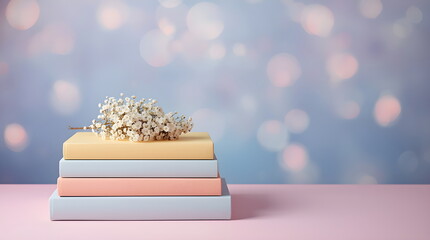 A serene still life of a stack of pastel colored books with flowers