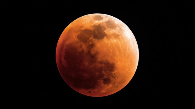 赤く輝く皆既月食の月。天体観測や宇宙関連の資料に最適な月の写真。