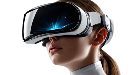 Immersive Reality: A captivating image of a woman experiencing virtual reality, with a sleek headset and a radiant display that hints at limitless digital worlds. 