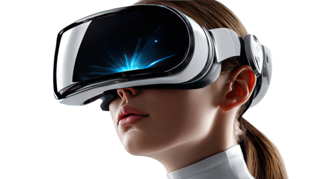 Immersive Reality: A captivating image of a woman experiencing virtual reality, with a sleek headset and a radiant display that hints at limitless digital worlds. 
