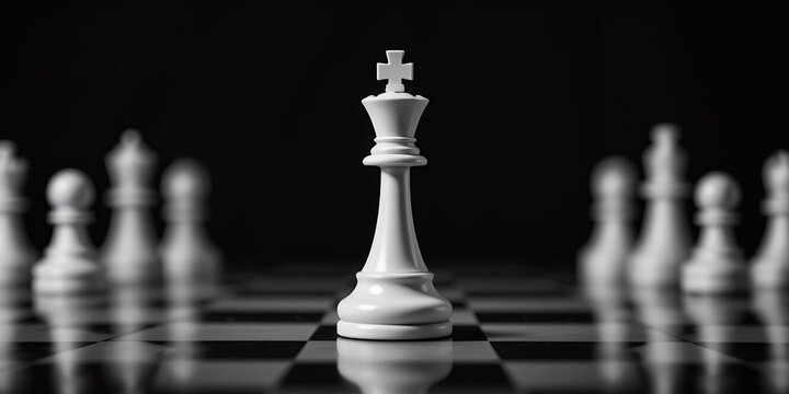 Strategic chess king piece standing prominently on a classic black and white chessboard