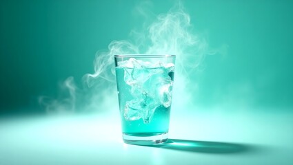 A glass filled with refreshing beverage with cloud like mist. The glass sits against a vibrant teal backdrop, capturing a moment of elegance and refreshment.
