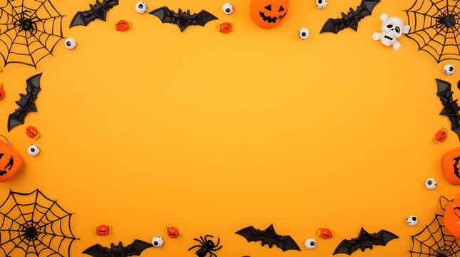 A fun and festive Halloween frame with skulls and spiders on an orange background