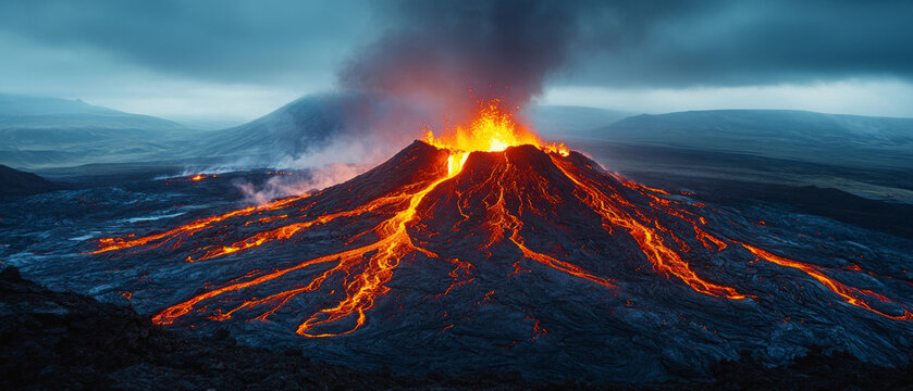 An erupting volcano with lava flows and smoke against a dark sky is useful for scientific articles on natural disasters, documentaries, and educational materials.