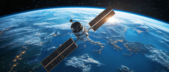 A modern satellite orbiting Earth with a view of illuminated cities—suitable for topics related to space, technology, and global communication.