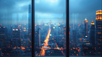 Blurry cityscape view from high-rise window at night.