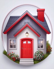 A charming, stylized representation of a cozy home, set within a circular frame, showcasing a red front door and gray roof accents.