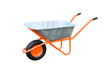 New one-wheeled metal wheelbarrow with orange frame isolated on white background.