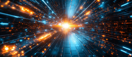 A bright burst of light and dynamic lines create an effect of speed and technological breakthrough, designing materials about science, innovation, and futurism.