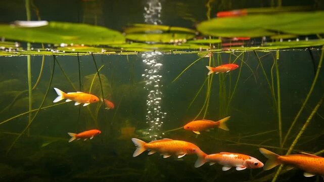 Vibrant Goldfish School Swims Peacefully Below Lily Pads in a Sunlit Garden Pond.