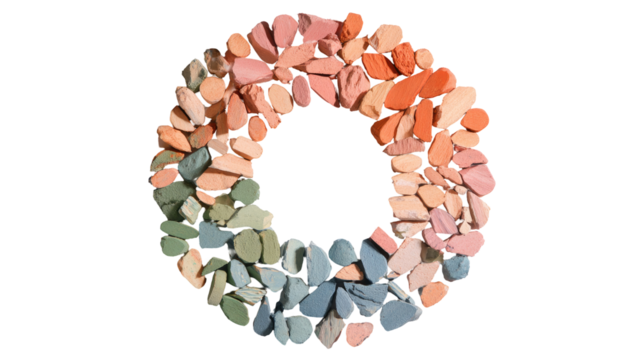 Colorful circular arrangement of small, irregular shapes, forming a ring.