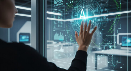 Close-up of coder’s hands working on futuristic terminal with holographic AI overlays, face cropped out.