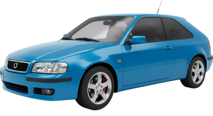 Blue Compact Car ThreeDoor Hatchback Modern Design Isolated on Black Background Automobile Transportation Vehicle Graphics isolated on transparent background