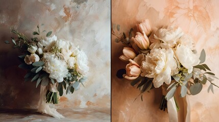Two wedding bouquets white peonies and pink tulips with eucalyptus on textured backgrounds bridal bouquet