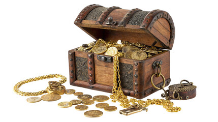 Vintage wooden treasure chest overflowing with gold coins and jewelry wealth metaphor concept