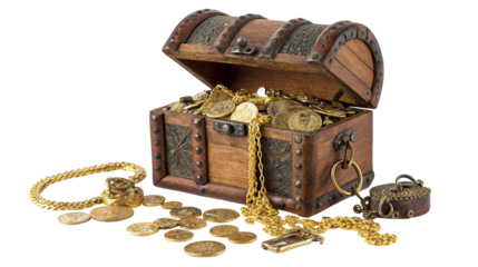 Vintage wooden treasure chest overflowing with gold coins and jewelry wealth metaphor concept