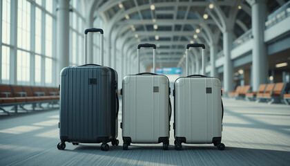 three modern suitcases lined up at a spacious bright airport terminal ready for travel and adventure
