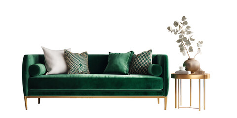 Elegant Emerald Green Velvet Sofa Isolated on Transparent Background