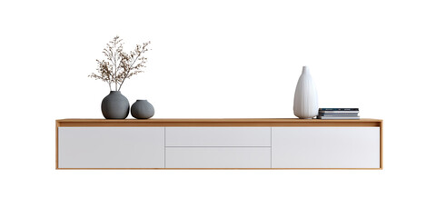 Minimalist Wall-Mounted TV Cabinet with Decorations Isolated on Transparent Background