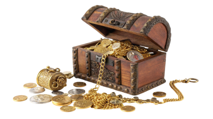 Ancient treasure chest overflowing with gold coins and exquisite jewelry on black backdrop image