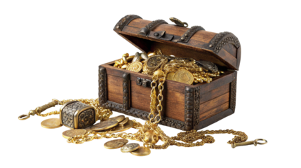 Wooden treasure chest overflowing with gold coins and jewels isolated on black background