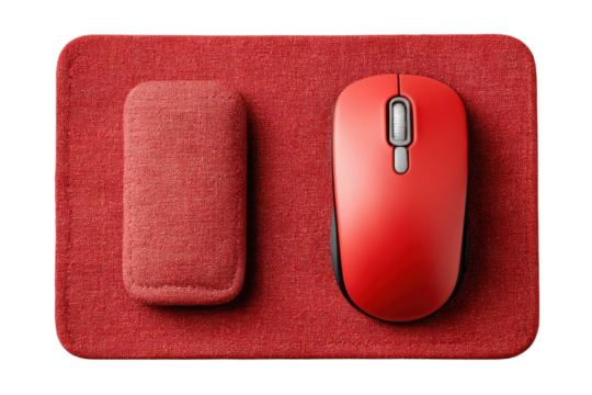 Red computer mouse and matching wrist pad on pad for desktop working business and minimalist setup
